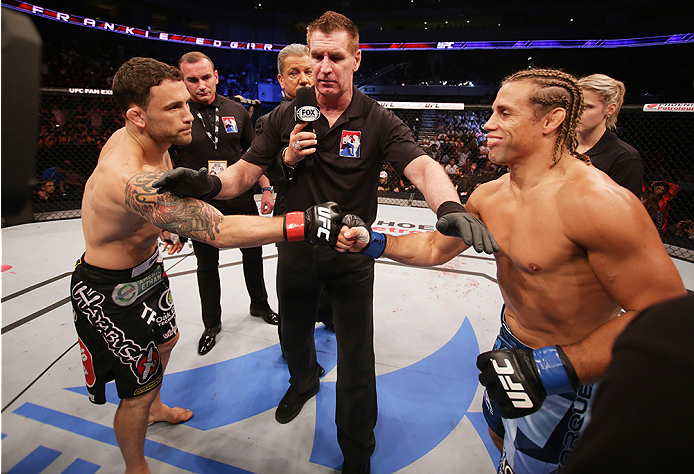 MANILA, PHILIPPINES - MAY 16: (L to R) Frankie Edgar of the United States and Uriah Faber of the United States touch gloves before their featherweight fight during the UFC Fight Night event at the Mall of Asia Arena on May 16, 2015 in Manila, Philippines