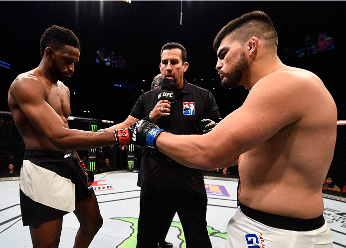 MONTERREY, MEXICO - NOVEMBER 21: (L-R) Opponents Neil Magny of the United States and Kelvin Gastelum of the United States touch gloves before their welterweight bout during the UFC Fight Night event at Arena Monterrey on November 21, 2015 in Monterrey, M
