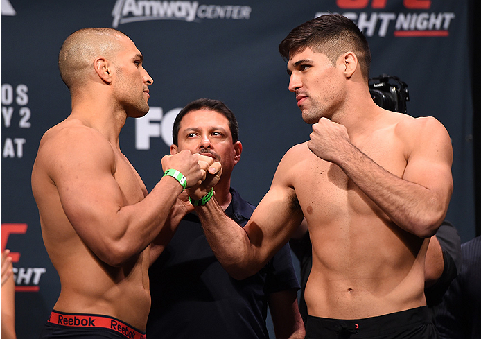 ORLANDO, FL - DECEMBER 18: (L-R) Opponents Hayder Hassan and Vicente Luque of Brazil face off during the UFC weigh-in at the Orange County Convention Center on December 18, 2015 in Orlando, Florida. (Photo by Josh Hedges/Zuffa LLC/Zuffa LLC via Getty Im