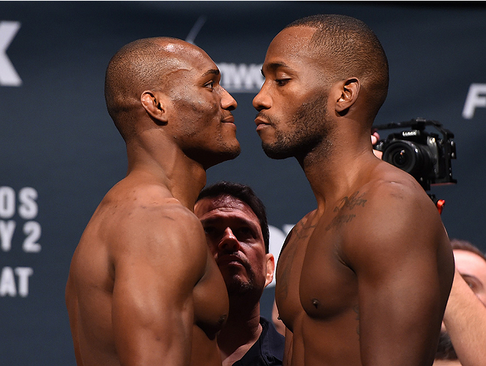 ORLANDO, FL - DECEMBER 18: (L-R) Opponents Kamaru Usman and Leon Edwards of England face off during the UFC weigh-in at the Orange County Convention Center on December 18, 2015 in Orlando, Florida. (Photo by Josh Hedges/Zuffa LLC/Zuffa LLC via Getty Ima