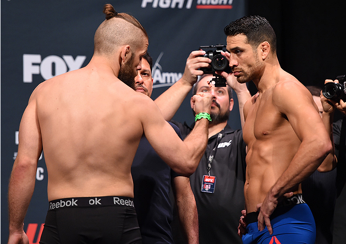 ORLANDO, FL - DECEMBER 18: (L-R) Opponents Nik Lentz and Danny Castillo face off during the UFC weigh-in at the Orange County Convention Center on December 18, 2015 in Orlando, Florida. (Photo by Josh Hedges/Zuffa LLC/Zuffa LLC via Getty Images)