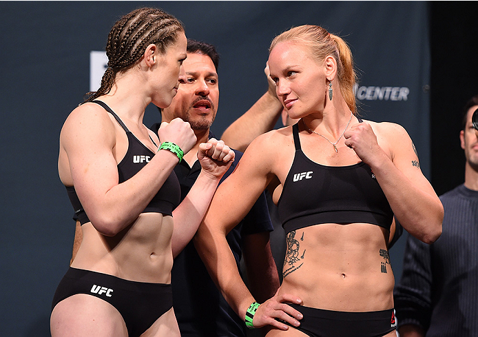 ORLANDO, FL - DECEMBER 18: (L-R) Opponents Sarah Kaufman of Canada and Valentina Shevchenko of Russia face off during the UFC weigh-in at the Orange County Convention Center on December 18, 2015 in Orlando, Florida. (Photo by Josh Hedges/Zuffa LLC/Zuffa