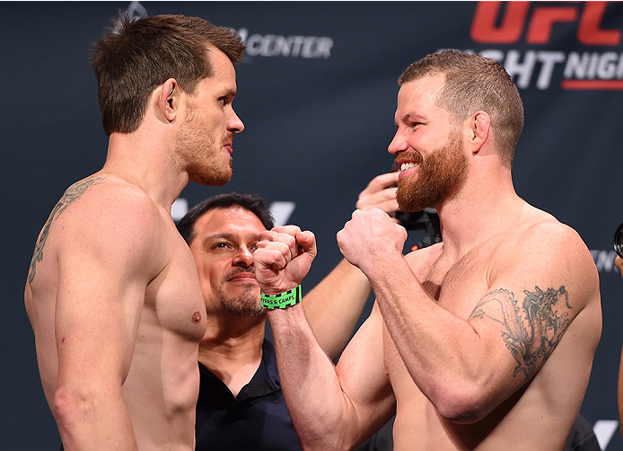 ORLANDO, FL - DECEMBER 18: (L-R) Opponents CB Dollaway and Nate Marquardt face off during the UFC weigh-in at the Orange County Convention Center on December 18, 2015 in Orlando, Florida. (Photo by Josh Hedges/Zuffa LLC/Zuffa LLC via Getty Images)