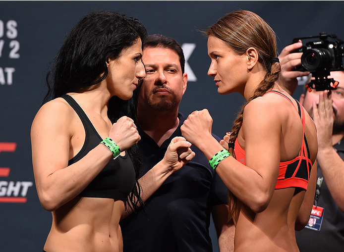 ORLANDO, FL - DECEMBER 18: (L-R) Opponents Randa Markos and Karolina Kowalkiewicz of Poland face off during the UFC weigh-in at the Orange County Convention Center on December 18, 2015 in Orlando, Florida. (Photo by Josh Hedges/Zuffa LLC/Zuffa LLC via G
