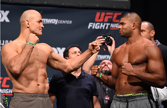 ORLANDO, FL - DECEMBER 18: (L-R) Opponents Junior dos Santos of Brazil and Alistair Overeem of the Netherlands face off during the UFC weigh-in at the Orange County Convention Center on December 18, 2015 in Orlando, Florida. (Photo by Josh Hedges/Zuffa