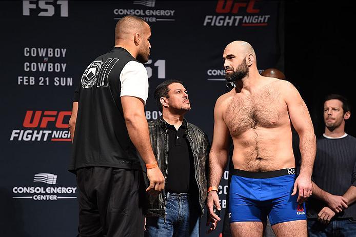 PITTSBURGH, PA - FEBRUARY 20: (L-R) Anthony Hamilton of the United States and Shamil Abdurakhimov of Russia face off during the UFC Fight Night weigh-in at Stage AE on February 20, 2016 in Pittsburgh, Pennsylvania. (Photo by Jeff Bottari/Zuffa LLC/Zuffa