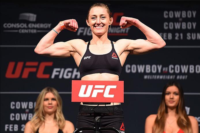 PITTSBURGH, PA - FEBRUARY 20: Kelly Faszholz of the United States steps on the scale during the UFC Fight Night weigh-in at Stage AE on February 20, 2016 in Pittsburgh, Pennsylvania. (Photo by Jeff Bottari/Zuffa LLC/Zuffa LLC via Getty Images)