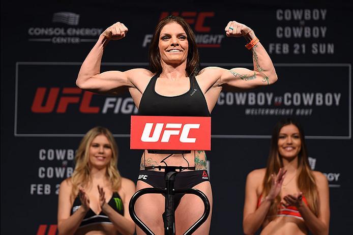PITTSBURGH, PA - FEBRUARY 20: Lauren Murphy of the United States steps on the scale during the UFC Fight Night weigh-in at Stage AE on February 20, 2016 in Pittsburgh, Pennsylvania. (Photo by Jeff Bottari/Zuffa LLC/Zuffa LLC via Getty Images)