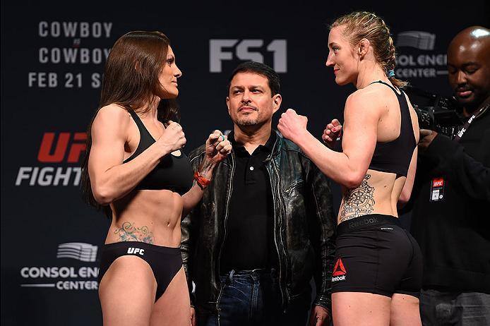 PITTSBURGH, PA - FEBRUARY 20: (L-R) Lauren Murphy of the United States and Kelly Faszholz of the United States face off during the UFC Fight Night weigh-in at Stage AE on February 20, 2016 in Pittsburgh, Pennsylvania. (Photo by Jeff Bottari/Zuffa LLC/Zuf