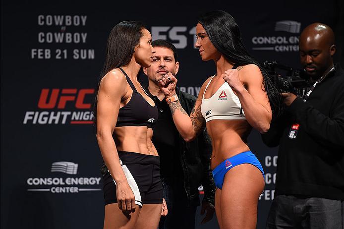PITTSBURGH, PA - FEBRUARY 20: (L-R) Marion Reneau of the United States and Ashlee Evans-Smith of the United States face off during the UFC Fight Night weigh-in at Stage AE on February 20, 2016 in Pittsburgh, Pennsylvania. (Photo by Jeff Bottari/Zuffa LLC