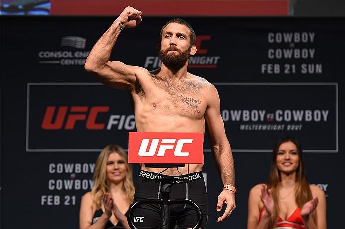 PITTSBURGH, PA - FEBRUARY 20: Nathan Coy of the United States steps on the scale during the UFC Fight Night weigh-in at Stage AE on February 20, 2016 in Pittsburgh, Pennsylvania. (Photo by Jeff Bottari/Zuffa LLC/Zuffa LLC via Getty Images)