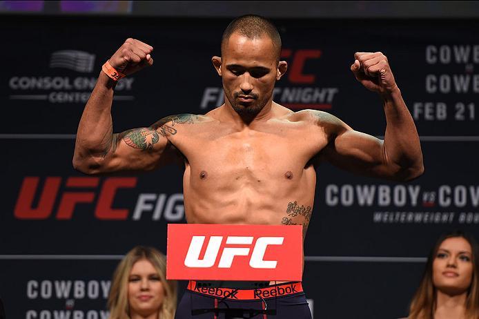PITTSBURGH, PA - FEBRUARY 20: Jonavin Webb of the United States steps on the scale during the UFC Fight Night weigh-in at Stage AE on February 20, 2016 in Pittsburgh, Pennsylvania. (Photo by Jeff Bottari/Zuffa LLC/Zuffa LLC via Getty Images)