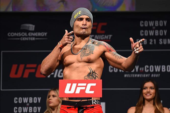 PITTSBURGH, PA - FEBRUARY 20: Leonardo Augusto Leleco of Brazil steps on the scale during the UFC Fight Night weigh-in at Stage AE on February 20, 2016 in Pittsburgh, Pennsylvania. (Photo by Jeff Bottari/Zuffa LLC/Zuffa LLC via Getty Images)