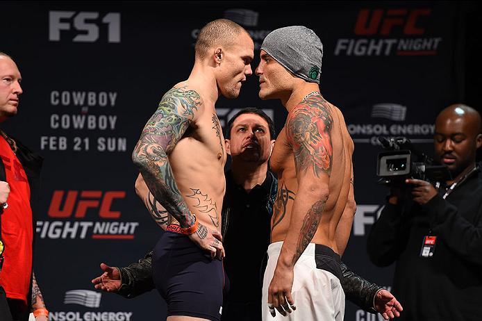 PITTSBURGH, PA - FEBRUARY 20: (L-R) Anthony Smith of the United States and Leonardo Augusto Leleco of Brazil face off during the UFC Fight Night weigh-in at Stage AE on February 20, 2016 in Pittsburgh, Pennsylvania. (Photo by Jeff Bottari/Zuffa LLC/Zuffa