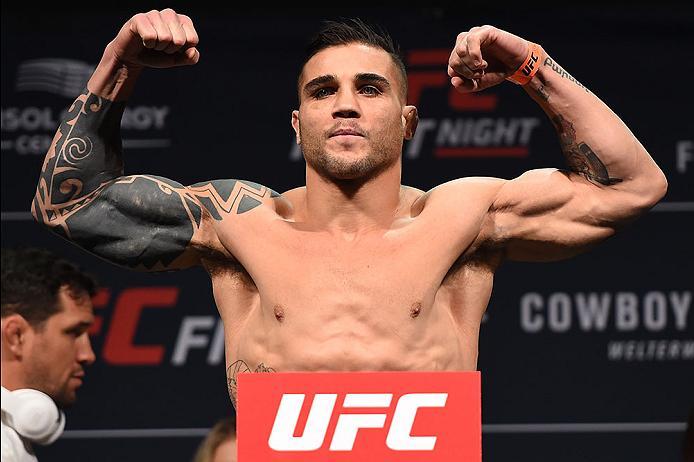 PITTSBURGH, PA - FEBRUARY 20: Daniel Sarafian of Brazil steps on the scale during the UFC Fight Night weigh-in at Stage AE on February 20, 2016 in Pittsburgh, Pennsylvania. (Photo by Jeff Bottari/Zuffa LLC/Zuffa LLC via Getty Images)