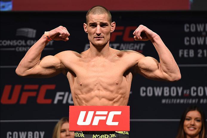 PITTSBURGH, PA - FEBRUARY 20: Sean Strickland of the United States steps on the scale during the UFC Fight Night weigh-in at Stage AE on February 20, 2016 in Pittsburgh, Pennsylvania. (Photo by Jeff Bottari/Zuffa LLC/Zuffa LLC via Getty Images)