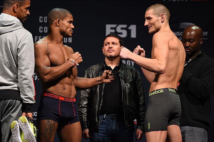 PITTSBURGH, PA - FEBRUARY 20: (L-R) Alex Garcia of Brazil and Sean Strickland of the United States face off during the UFC Fight Night weigh-in at Stage AE on February 20, 2016 in Pittsburgh, Pennsylvania. (Photo by Jeff Bottari/Zuffa LLC/Zuffa LLC via G