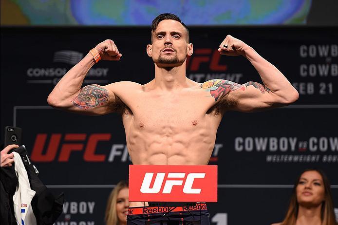 PITTSBURGH, PA - FEBRUARY 20: James Krause of the United States steps on the scale during the UFC Fight Night weigh-in at Stage AE on February 20, 2016 in Pittsburgh, Pennsylvania. (Photo by Jeff Bottari/Zuffa LLC/Zuffa LLC via Getty Images)