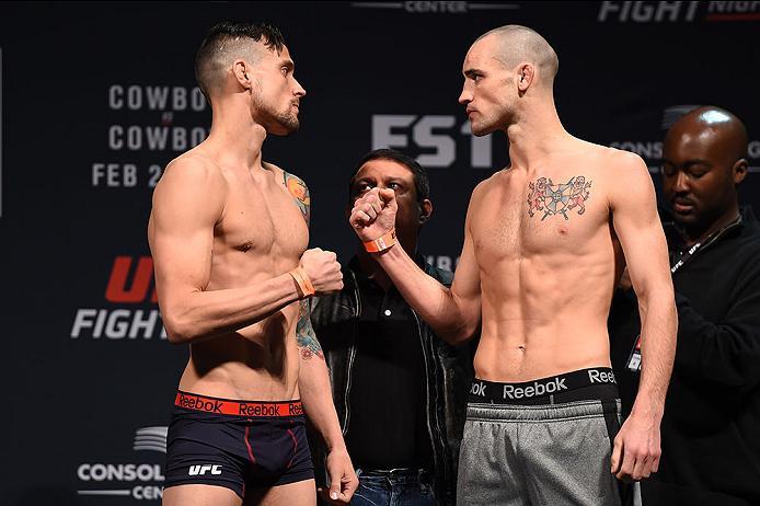 PITTSBURGH, PA - FEBRUARY 20: (L-R) James Krause of the United States and Shane Campbell of Canada face off during the UFC Fight Night weigh-in at Stage AE on February 20, 2016 in Pittsburgh, Pennsylvania. (Photo by Jeff Bottari/Zuffa LLC/Zuffa LLC via G