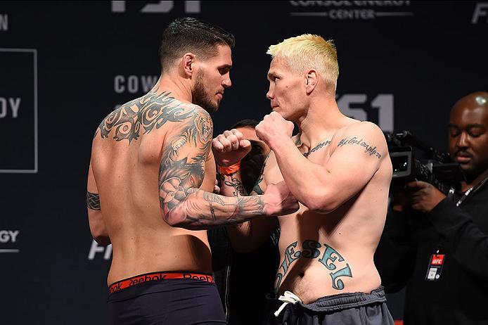 PITTSBURGH, PA - FEBRUARY 20: (L-R) Chris Camozzi and Joe Riggs face off during the UFC Fight Night weigh-in at Stage AE on February 20, 2016 in Pittsburgh, Pennsylvania. (Photo by Jeff Bottari/Zuffa LLC/Zuffa LLC via Getty Images)