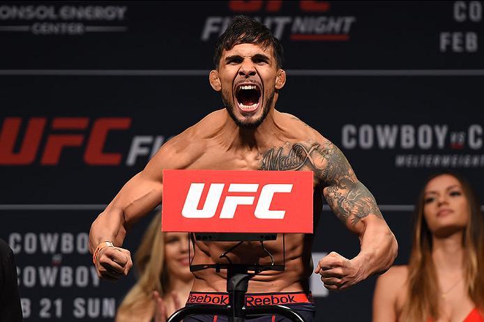 PITTSBURGH, PA - FEBRUARY 20: Dennis Bermudez of the United States steps on the scale during the UFC Fight Night weigh-in at Stage AE on February 20, 2016 in Pittsburgh, Pennsylvania. (Photo by Jeff Bottari/Zuffa LLC/Zuffa LLC via Getty Images)