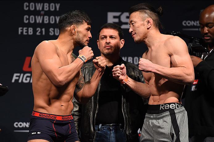 PITTSBURGH, PA - FEBRUARY 20: (L-R) Dennis Bermudez of the United States and Tatsuya Kawajiri of Japan face off during the UFC Fight Night weigh-in at Stage AE on February 20, 2016 in Pittsburgh, Pennsylvania. (Photo by Jeff Bottari/Zuffa LLC/Zuffa LLC v