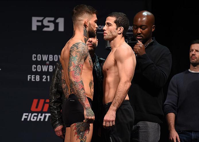 PITTSBURGH, PA - FEBRUARY 20: (L-R) Cody Garbrandt of the United States faces off against Augusto Mendes of Brazil during the UFC Fight Night weigh-in at Stage AE on February 20, 2016 in Pittsburgh, Pennsylvania. (Photo by Jeff Bottari/Zuffa LLC/Zuffa LL