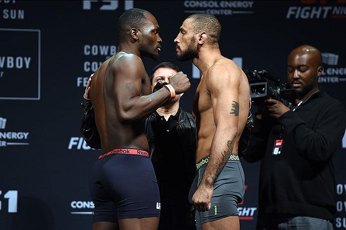 PITTSBURGH, PA - FEBRUARY 20: (L-R) Derek Brunson of the United States faces off against Roan Carneiro of Brazil during the UFC Fight Night weigh-in at Stage AE on February 20, 2016 in Pittsburgh, Pennsylvania. (Photo by Jeff Bottari/Zuffa LLC/Zuffa LLC