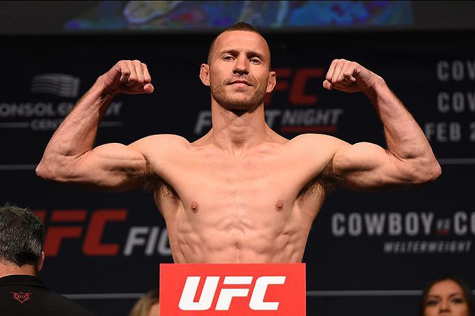 PITTSBURGH, PA - FEBRUARY 20: Donald 'Cowboy' Cerrone of the United States steps on the scale during the UFC Fight Night weigh-in at Stage AE on February 20, 2016 in Pittsburgh, Pennsylvania. (Photo by Jeff Bottari/Zuffa LLC/Zuffa LLC via Getty Images)