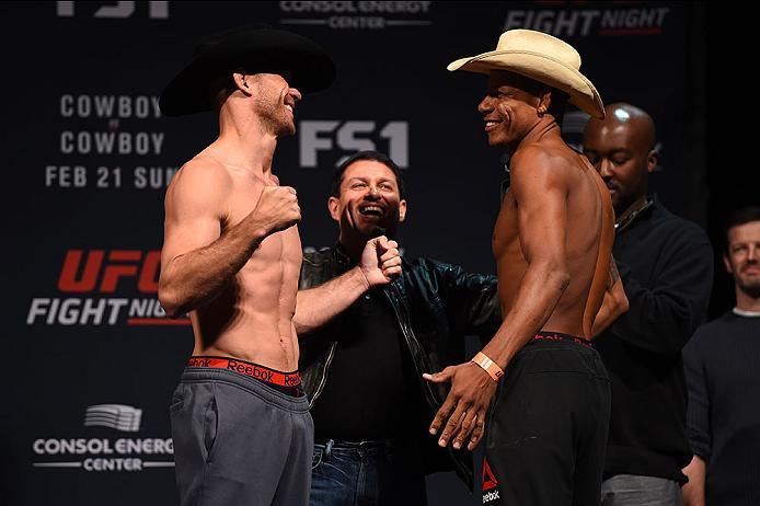 PITTSBURGH, PA - FEBRUARY 20: (L-R) Donald Cerrone of the United States faces off against Alex Oliveira of Brazil during the UFC Fight Night weigh-in at Stage AE on February 20, 2016 in Pittsburgh, Pennsylvania. (Photo by Jeff Bottari/Zuffa LLC/Zuffa LLC