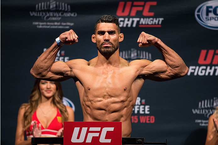SAN DIEGO, CA - JULY 14: Lyman Good steps on the scale during the UFC weigh-in at the Valley View Casino Center on July 14, 2015 in San Diego, California. (Photo by Jeff Bottari/Zuffa LLC/Zuffa LLC via Getty Images)