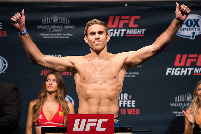 SAN DIEGO, CA - JULY 14: Andrew Craig steps on the scale during the UFC weigh-in at the Valley View Casino Center on July 14, 2015 in San Diego, California. (Photo by Jeff Bottari/Zuffa LLC/Zuffa LLC via Getty Images)