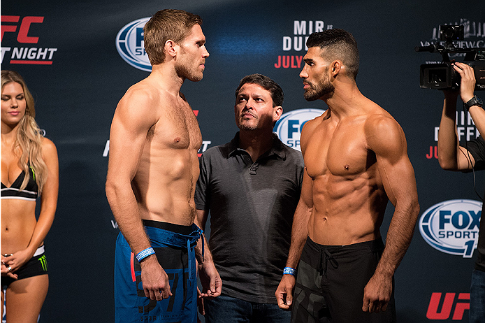 SAN DIEGO, CA - JULY 14: (L-R) Andrew Craig and Lyman Good face-off during the UFC weigh-in at the Valley View Casino Center on July 14, 2015 in San Diego, California. (Photo by Jeff Bottari/Zuffa LLC/Zuffa LLC via Getty Images)