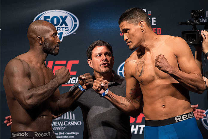 SAN DIEGO, CA - JULY 14: (L-R) Kevin Casey and Igor Araujo of Brazil face-off during the UFC weigh-in at the Valley View Casino Center on July 14, 2015 in San Diego, California. (Photo by Jeff Bottari/Zuffa LLC/Zuffa LLC via Getty Images)