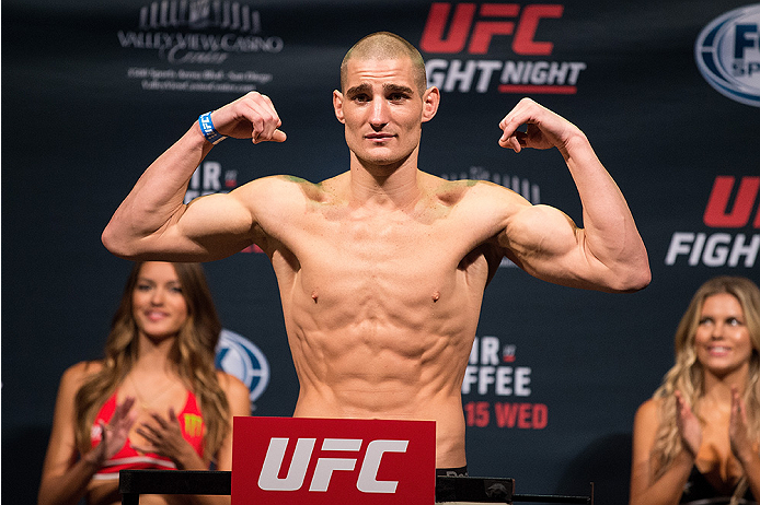 SAN DIEGO, CA - JULY 14: Sean Strickland steps on the scale during the UFC weigh-in at the Valley View Casino Center on July 14, 2015 in San Diego, California. (Photo by Jeff Bottari/Zuffa LLC/Zuffa LLC via Getty Images)