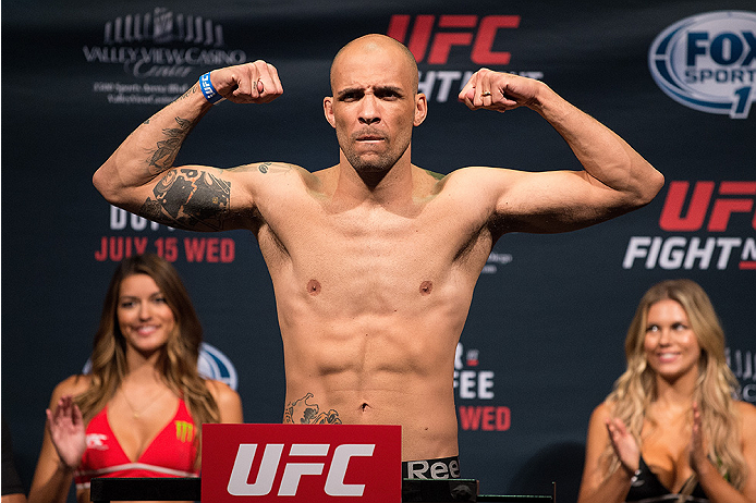 SAN DIEGO, CA - JULY 14: Igor Araujo of Brazil steps on the scale during the UFC weigh-in at the Valley View Casino Center on July 14, 2015 in San Diego, California. (Photo by Jeff Bottari/Zuffa LLC/Zuffa LLC via Getty Images)