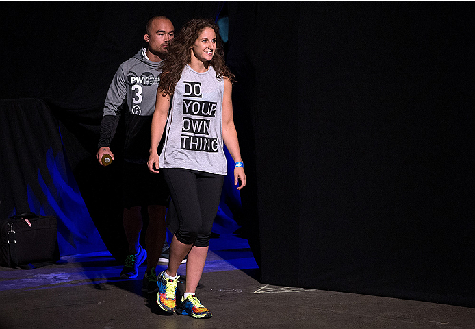 SAN DIEGO, CA - JULY 14: Sarah Moras walks to the stage during the UFC weigh-in at the Valley View Casino Center on July 14, 2015 in San Diego, California. (Photo by Jeff Bottari/Zuffa LLC/Zuffa LLC via Getty Images)
