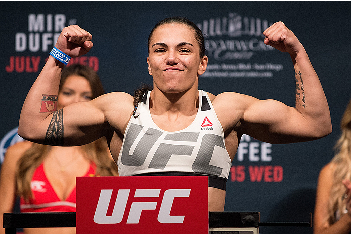 SAN DIEGO, CA - JULY 14: Jessica Andrade of Brazil steps on the scale during the UFC weigh-in at the Valley View Casino Center on July 14, 2015 in San Diego, California. (Photo by Jeff Bottari/Zuffa LLC/Zuffa LLC via Getty Images)