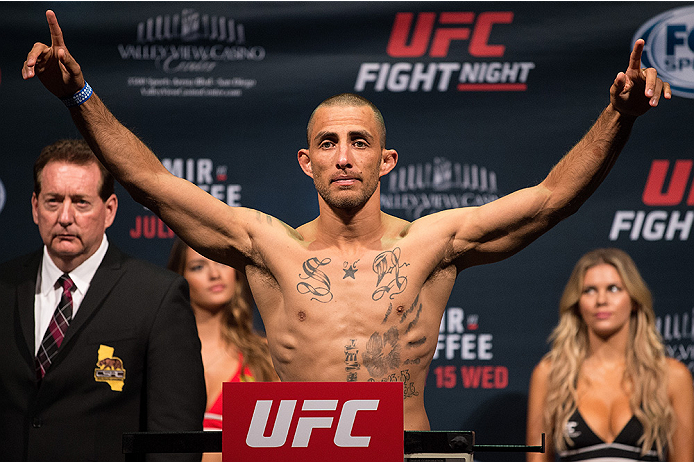 SAN DIEGO, CA - JULY 14: Yaotzin Meza steps on the scale during the UFC weigh-in at the Valley View Casino Center on July 14, 2015 in San Diego, California. (Photo by Jeff Bottari/Zuffa LLC/Zuffa LLC via Getty Images)
