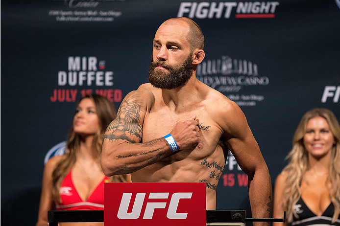 SAN DIEGO, CA - JULY 14: Sam Sicilia steps on the scale during the UFC weigh-in at the Valley View Casino Center on July 14, 2015 in San Diego, California. (Photo by Jeff Bottari/Zuffa LLC/Zuffa LLC via Getty Images)