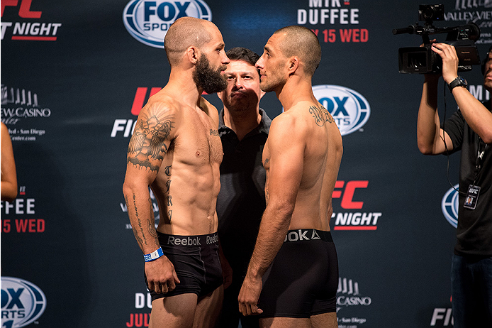 SAN DIEGO, CA - JULY 14: (L-R) Sam Sicilia and Yaotzin Meza face-off during the UFC weigh-in at the Valley View Casino Center on July 14, 2015 in San Diego, California. (Photo by Jeff Bottari/Zuffa LLC/Zuffa LLC via Getty Images)