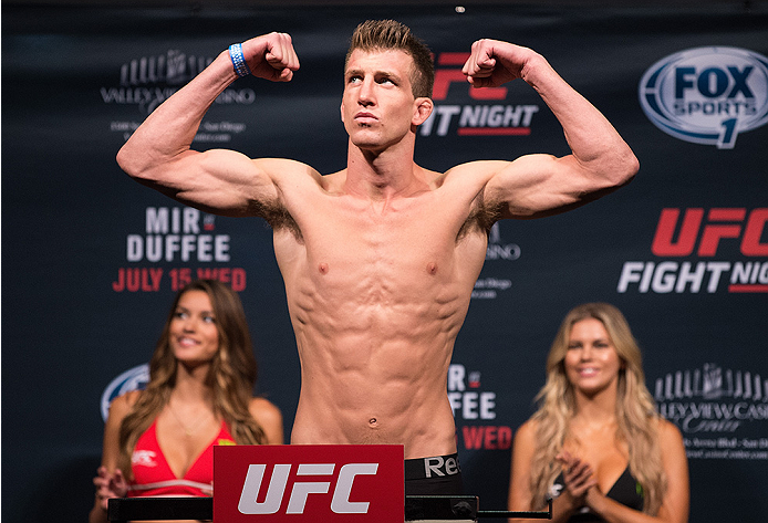 SAN DIEGO, CA - JULY 14: Matt Dwyer of Canada steps on the scale during the UFC weigh-in at the Valley View Casino Center on July 14, 2015 in San Diego, California. (Photo by Jeff Bottari/Zuffa LLC/Zuffa LLC via Getty Images)