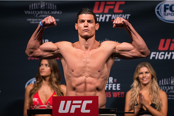 SAN DIEGO, CA - JULY 14: Alan Jouban steps on the scale during the UFC weigh-in at the Valley View Casino Center on July 14, 2015 in San Diego, California. (Photo by Jeff Bottari/Zuffa LLC/Zuffa LLC via Getty Images)