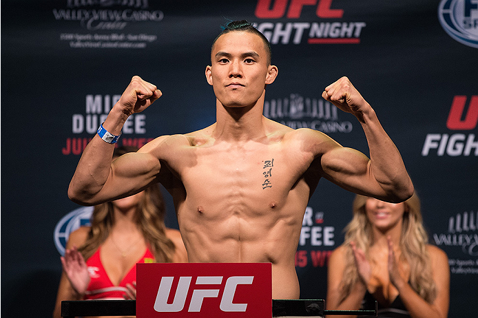 SAN DIEGO, CA - JULY 14: James Moontasri steps on the scale during the UFC weigh-in at the Valley View Casino Center on July 14, 2015 in San Diego, California. (Photo by Jeff Bottari/Zuffa LLC/Zuffa LLC via Getty Images)