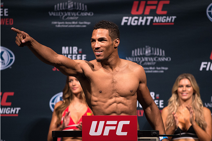 SAN DIEGO, CA - JULY 14: Kevin Lee interacts with the crowd during the UFC weigh-in at the Valley View Casino Center on July 14, 2015 in San Diego, California. (Photo by Jeff Bottari/Zuffa LLC/Zuffa LLC via Getty Images)