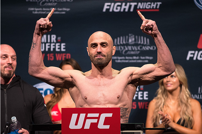 SAN DIEGO, CA - JULY 14: Manny Gamburyan steps on the scale during the UFC weigh-in at the Valley View Casino Center on July 14, 2015 in San Diego, California. (Photo by Jeff Bottari/Zuffa LLC/Zuffa LLC via Getty Images)
