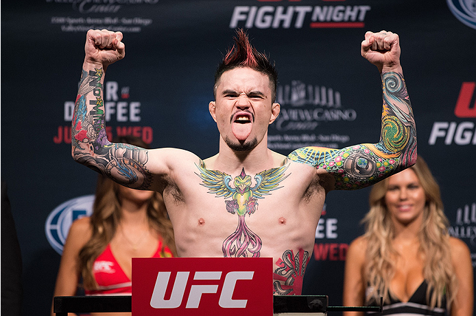 SAN DIEGO, CA - JULY 14: Scott Jorgensen steps on the scale during the UFC weigh-in at the Valley View Casino Center on July 14, 2015 in San Diego, California. (Photo by Jeff Bottari/Zuffa LLC/Zuffa LLC via Getty Images)
