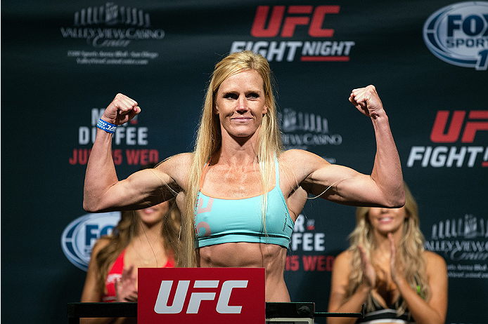 SAN DIEGO, CA - JULY 14: Holly Holm steps on the scale during the UFC weigh-in at the Valley View Casino Center on July 14, 2015 in San Diego, California. (Photo by Jeff Bottari/Zuffa LLC/Zuffa LLC via Getty Images)