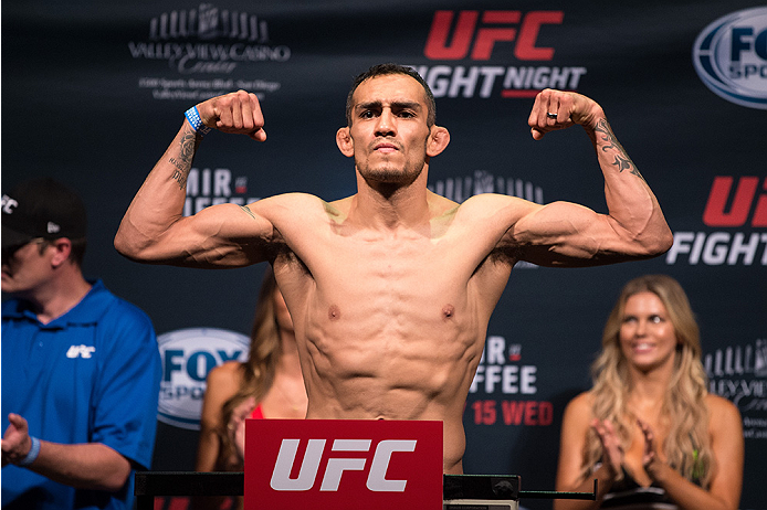 SAN DIEGO, CA - JULY 14: Tony Ferguson steps on the scale during the UFC weigh-in at the Valley View Casino Center on July 14, 2015 in San Diego, California. (Photo by Jeff Bottari/Zuffa LLC/Zuffa LLC via Getty Images)