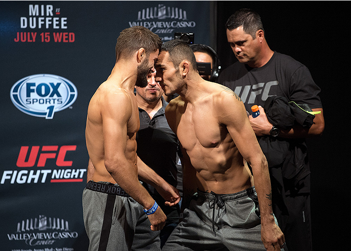 SAN DIEGO, CA - JULY 14: (L-R) Josh Thomson and Tony Ferguson face-off during the UFC weigh-in at the Valley View Casino Center on July 14, 2015 in San Diego, California. (Photo by Jeff Bottari/Zuffa LLC/Zuffa LLC via Getty Images)